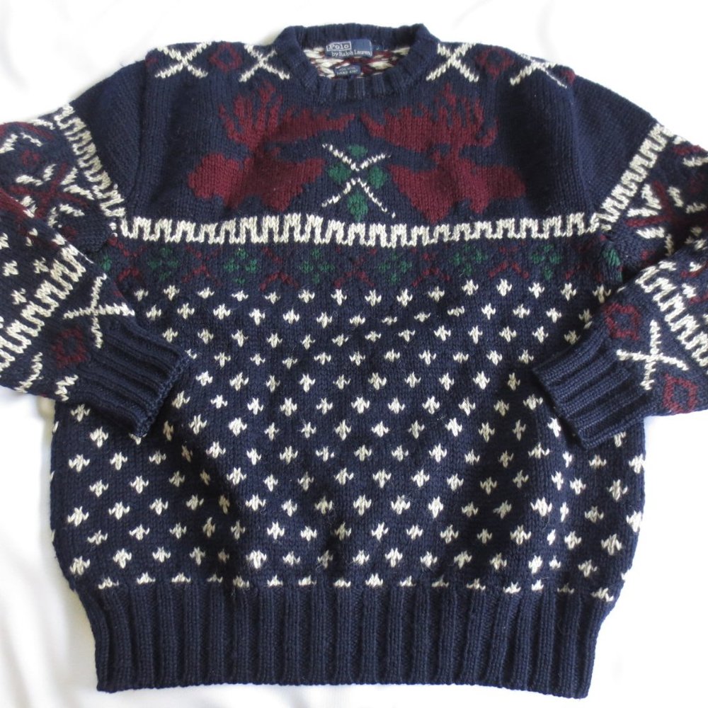 POLO by Ralph Lauren Heavy Wool Sweater Navy Blue Burgundy Moose Size Large